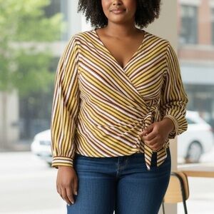 Timing Faux Wrap Blouse Yellow Red Stripes